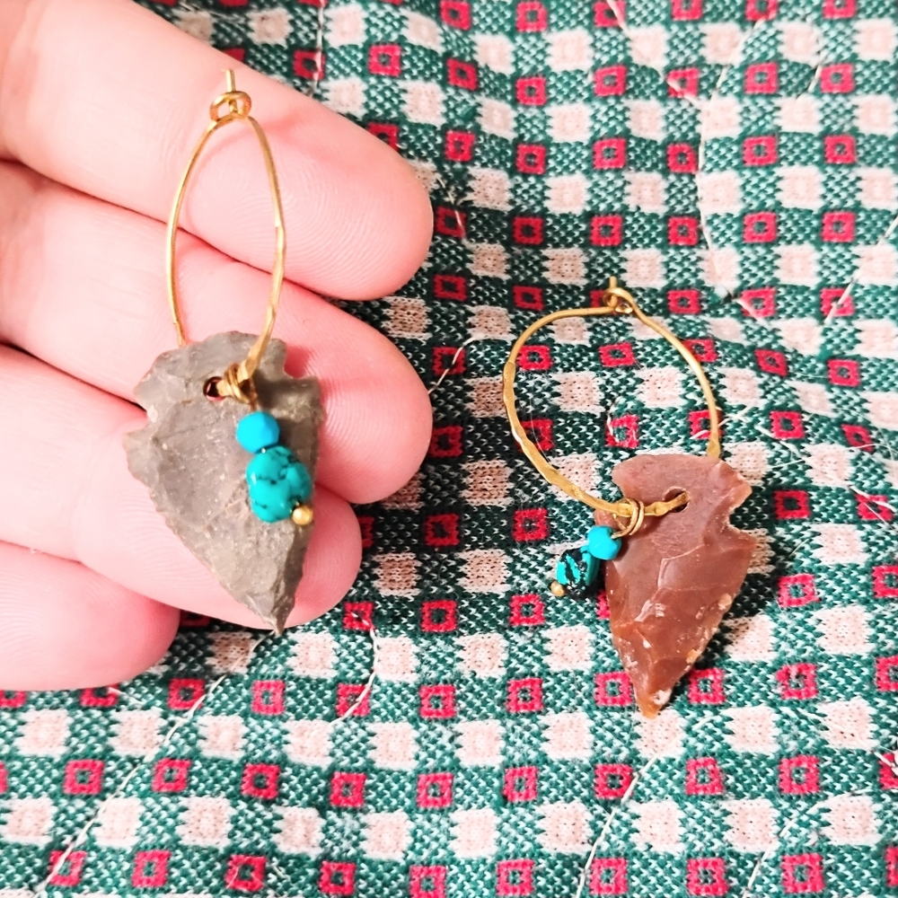 SOLD! Handmade Arrowhead And Turquoise Charm Hoops - Picture 3 of 5